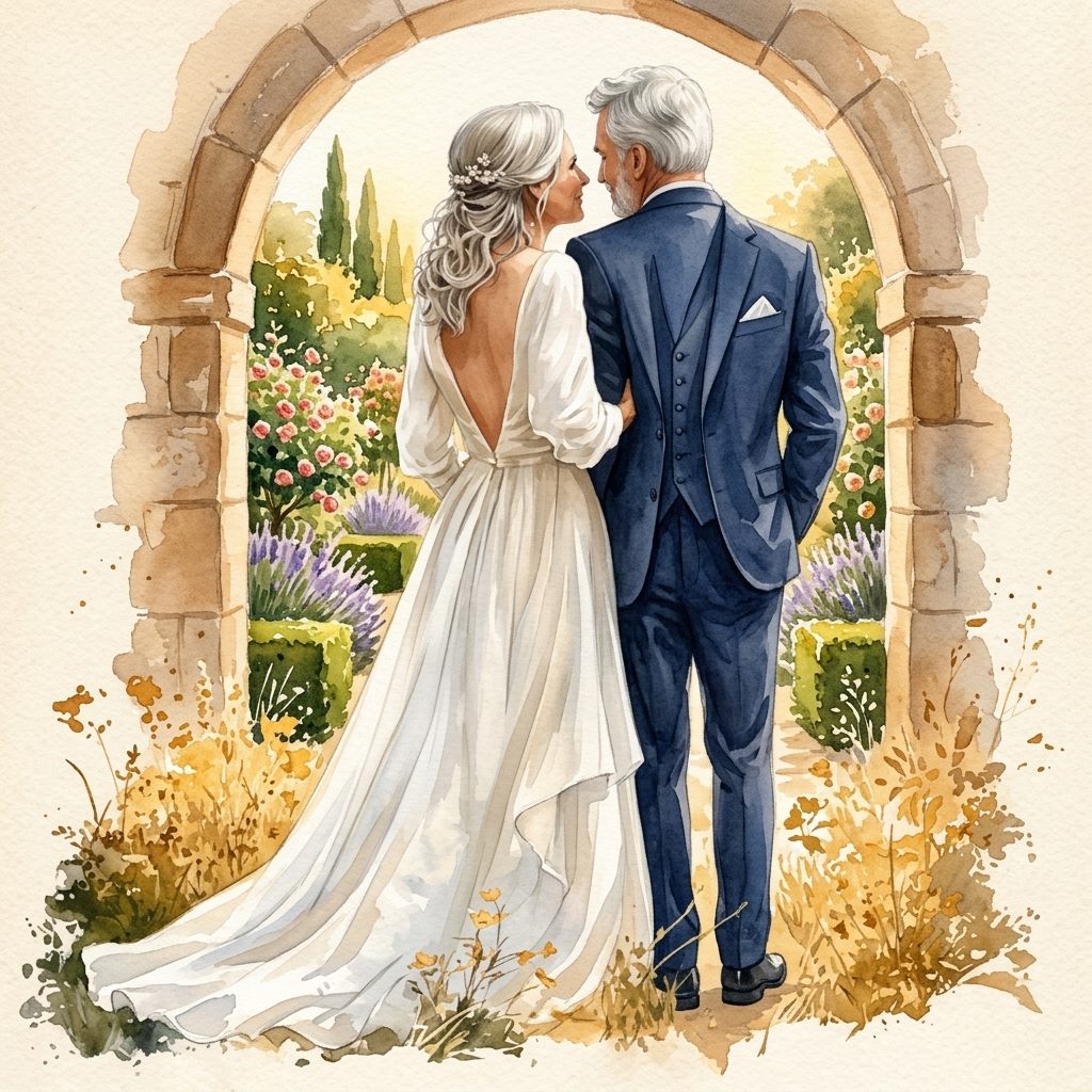 Illustration d'un couple âgé en tenue de mariage sous une arche fleurie, pour un cadeau de noces d'or